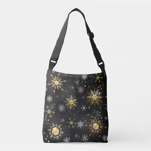 Xmas Golden Snowflakes op zwarte achtergrond Crossbody Tas (Voorkant)