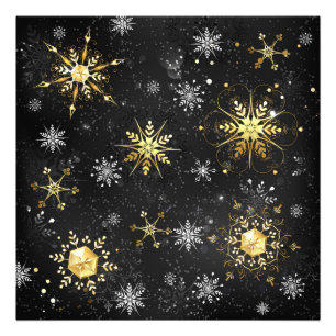 Xmas Golden Snowflakes op zwarte achtergrond Foto Afdruk