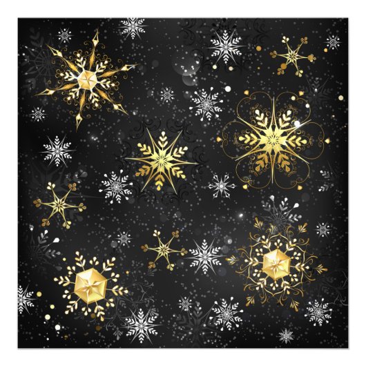 Xmas Golden Snowflakes op zwarte achtergrond Foto Afdruk (Voorkant)
