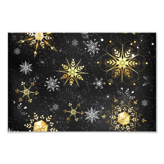 Xmas Golden Snowflakes op zwarte achtergrond Foto Afdruk (Voorkant)