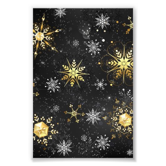 Xmas Golden Snowflakes op zwarte achtergrond Foto Afdruk (Voorkant)