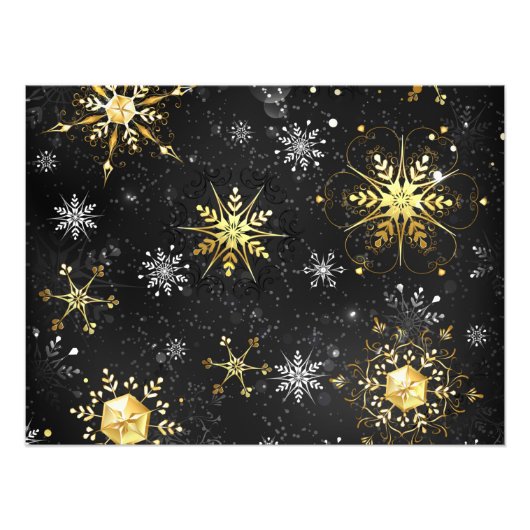 Xmas Golden Snowflakes op zwarte achtergrond Foto Afdruk (Voorkant)