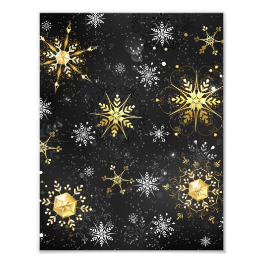 Xmas Golden Snowflakes op zwarte achtergrond Foto Afdruk (Voorkant)