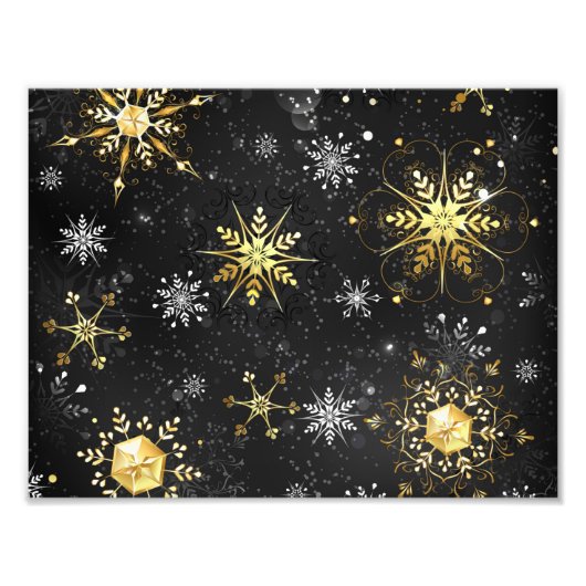 Xmas Golden Snowflakes op zwarte achtergrond Foto Afdruk (Voorkant)