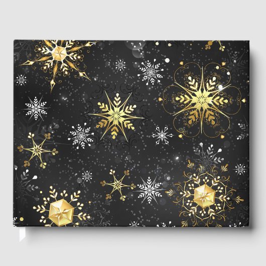 Xmas Golden Snowflakes op zwarte achtergrond Gastenboek (Voorkant)
