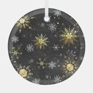 Xmas Golden Snowflakes op zwarte achtergrond Glas Ornament