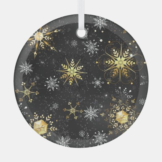 Xmas Golden Snowflakes op zwarte achtergrond Glas Ornament (Voorkant)