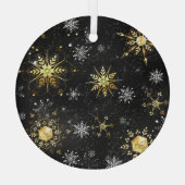 Xmas Golden Snowflakes op zwarte achtergrond Glas Ornament (Achterkant)