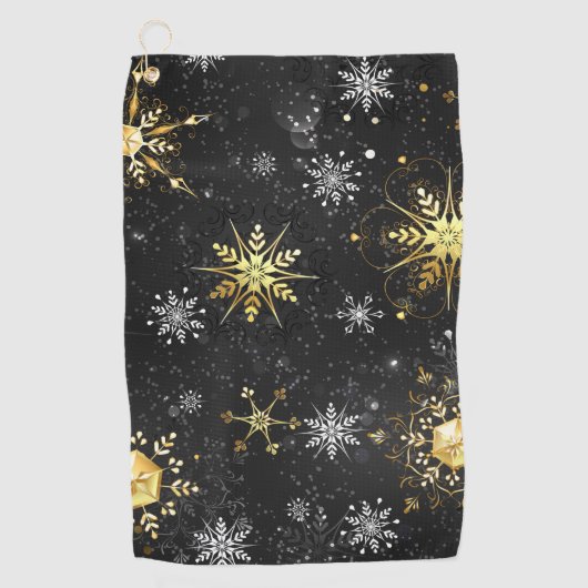 Xmas Golden Snowflakes op zwarte achtergrond Golfhanddoek (Voorkant)