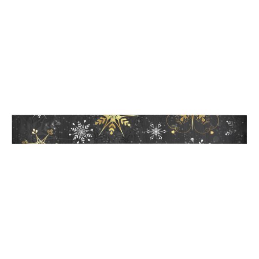 Xmas Golden Snowflakes op zwarte achtergrond Grosgrain Lint (Voorkant)