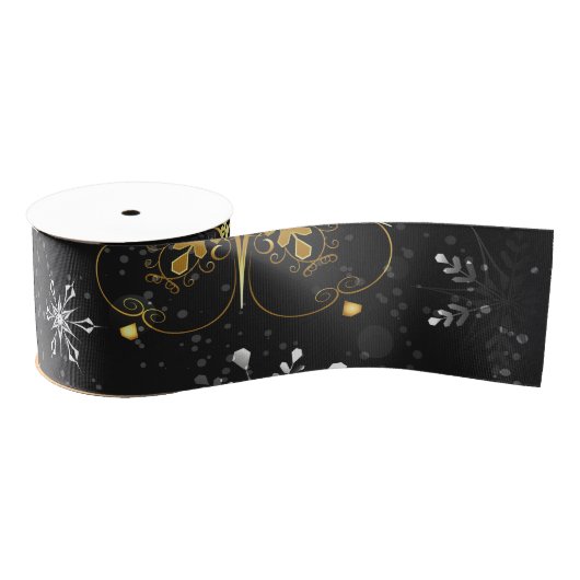Xmas Golden Snowflakes op zwarte achtergrond Grosgrain Lint (Spoel)