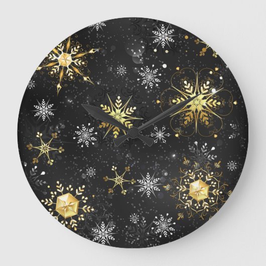 Xmas Golden Snowflakes op zwarte achtergrond Grote Klok (Voorkant)