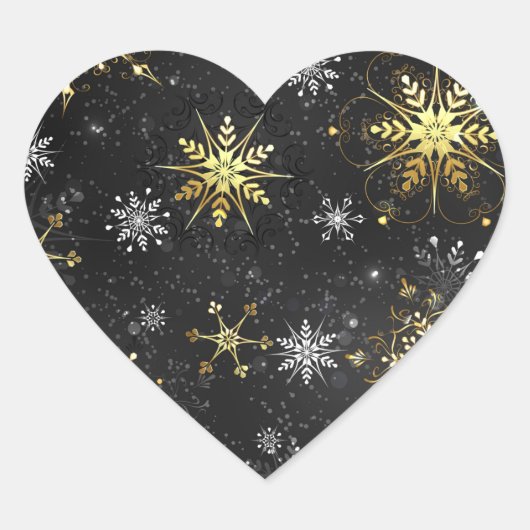 Xmas Golden Snowflakes op zwarte achtergrond Hart Sticker (Voorkant)