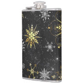 Xmas Golden Snowflakes op zwarte achtergrond Heupfles (Links)