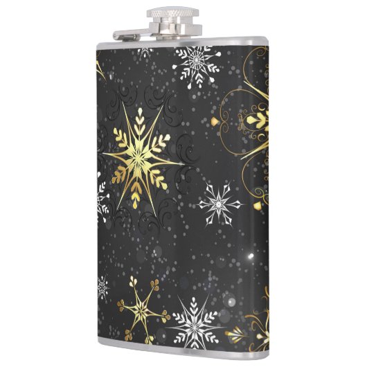 Xmas Golden Snowflakes op zwarte achtergrond Heupfles (Links)