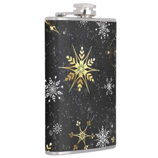Xmas Golden Snowflakes op zwarte achtergrond Heupfles (Rechts)