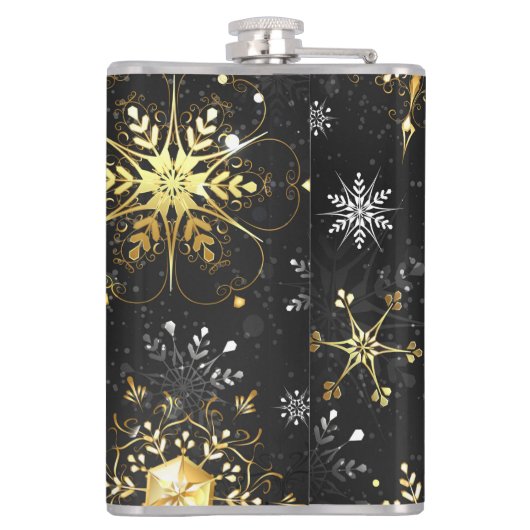 Xmas Golden Snowflakes op zwarte achtergrond Heupfles (Achterkant)
