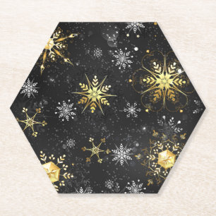 Xmas Golden Snowflakes op zwarte achtergrond Kartonnen Onderzetters