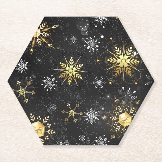 Xmas Golden Snowflakes op zwarte achtergrond Kartonnen Onderzetters (Voorkant)