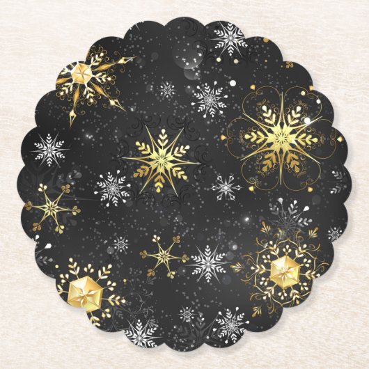 Xmas Golden Snowflakes op zwarte achtergrond Kartonnen Onderzetters (Voorkant)