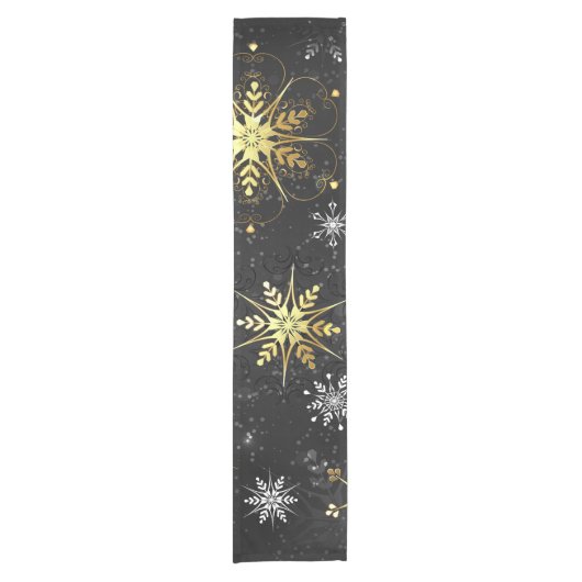 Xmas Golden Snowflakes op zwarte achtergrond Korte Tafelloper (Voorkant)