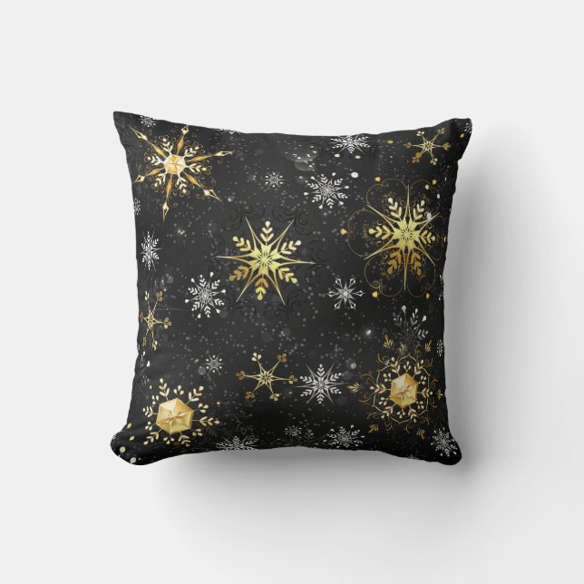 Xmas Golden Snowflakes op zwarte achtergrond Kussen (Voorkant)