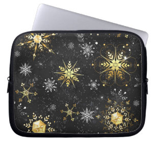 Xmas Golden Snowflakes op zwarte achtergrond Laptop Sleeve