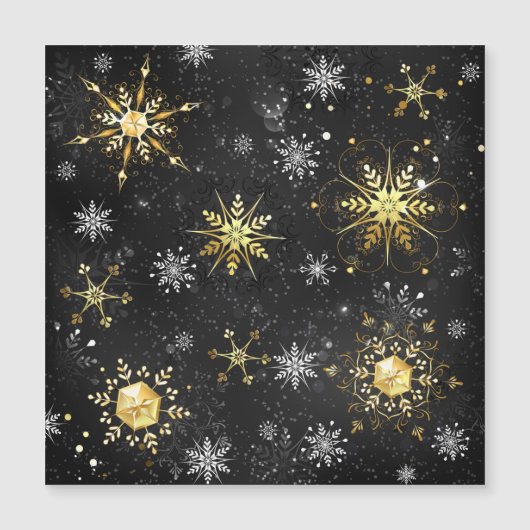 Xmas Golden Snowflakes op zwarte achtergrond Magnetische Uitnodiging (Voorkant)