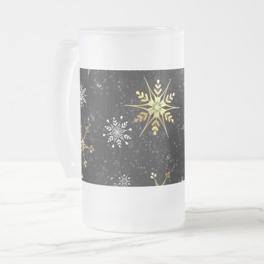 Xmas Golden Snowflakes op zwarte achtergrond Matglas Bierpul (Voorkant links)