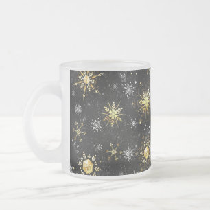Xmas Golden Snowflakes op zwarte achtergrond Matglas Koffiemok