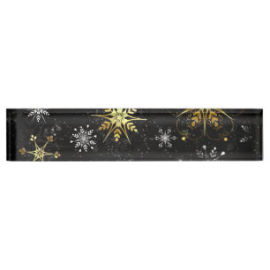 Xmas Golden Snowflakes op zwarte achtergrond Naambordje