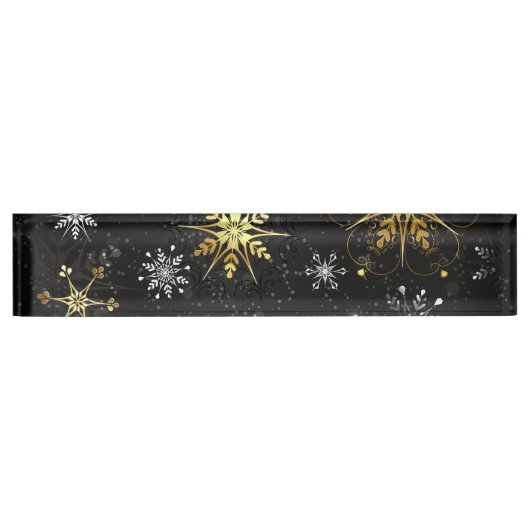 Xmas Golden Snowflakes op zwarte achtergrond Naambordje (Voorkant)