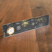 Xmas Golden Snowflakes op zwarte achtergrond Naambordje (Zijkant)