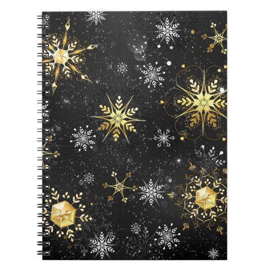 Xmas Golden Snowflakes op zwarte achtergrond Notitieboek (Voorkant)