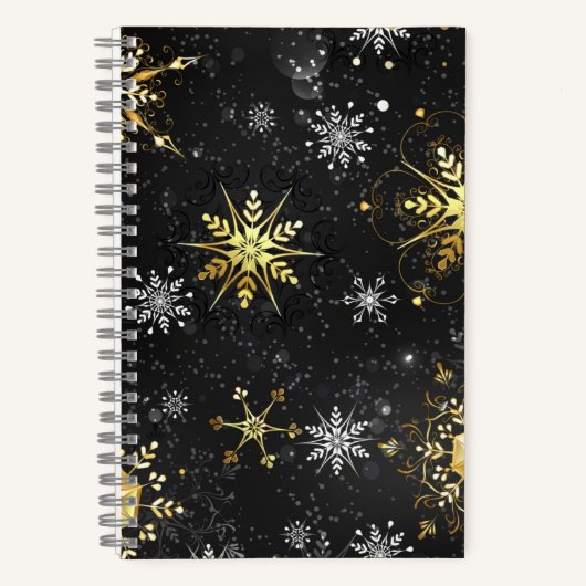 Xmas Golden Snowflakes op zwarte achtergrond Notitieboek (Voorkant)