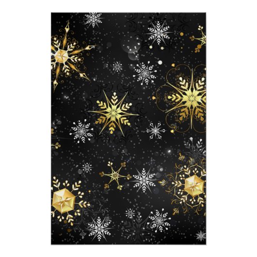 Xmas Golden Snowflakes op zwarte achtergrond Perfect Poster (Voorkant)