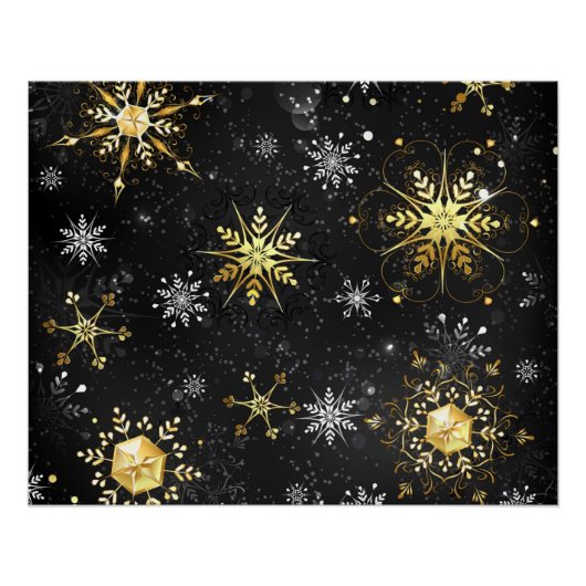 Xmas Golden Snowflakes op zwarte achtergrond Perfect Poster (Voorkant)