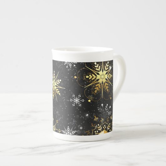 Xmas Golden Snowflakes op zwarte achtergrond Porselein Kop (Voorkant rechts)