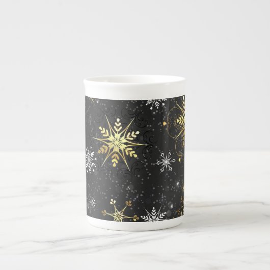 Xmas Golden Snowflakes op zwarte achtergrond Porselein Kop (Voorkant)