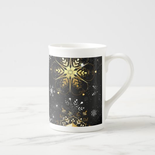 Xmas Golden Snowflakes op zwarte achtergrond Porselein Kop (Rechts)