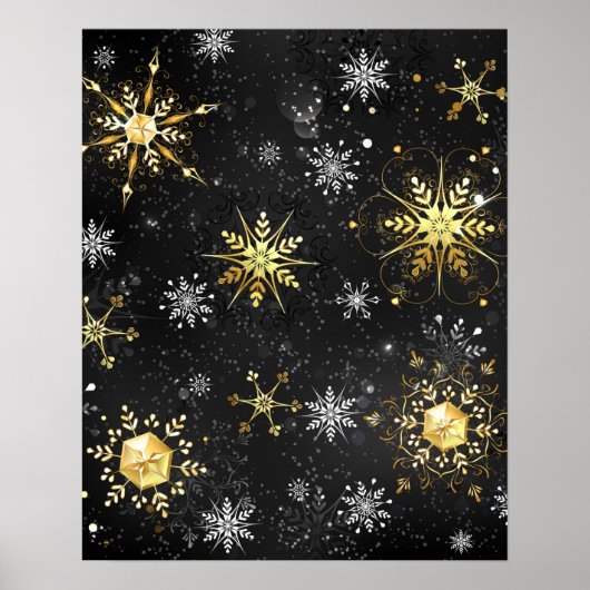 Xmas Golden Snowflakes op zwarte achtergrond Poster (Voorkant)