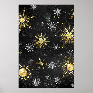 Xmas Golden Snowflakes op zwarte achtergrond Poster