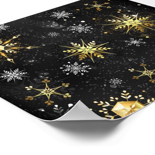 Xmas Golden Snowflakes op zwarte achtergrond Poster (Hoek)