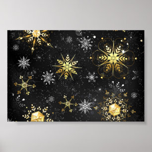 Xmas Golden Snowflakes op zwarte achtergrond Poster