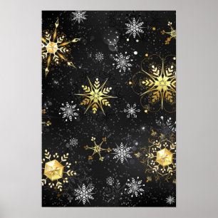 Xmas Golden Snowflakes op zwarte achtergrond Poster