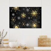 Xmas Golden Snowflakes op zwarte achtergrond Poster (Keuken)