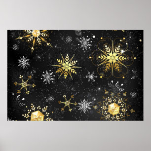 Xmas Golden Snowflakes op zwarte achtergrond Poster