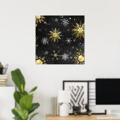 Xmas Golden Snowflakes op zwarte achtergrond Poster (Thuiskantoor)
