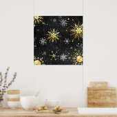 Xmas Golden Snowflakes op zwarte achtergrond Poster (Keuken)
