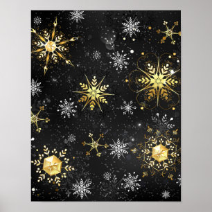 Xmas Golden Snowflakes op zwarte achtergrond Poster